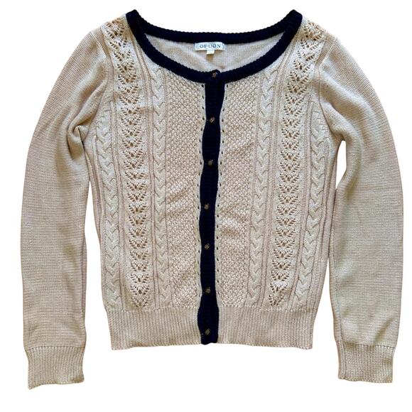 Cable Knit Cardigan Sweater Women's S Cream & Black Preppy Delicate Crochet - Picture 2 of 9